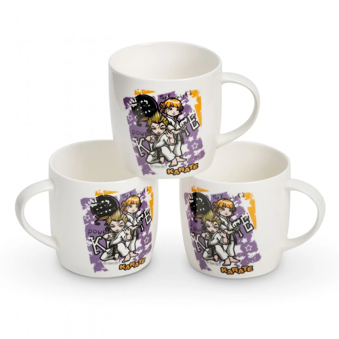Three white mugs with cartoon character designs on a white background