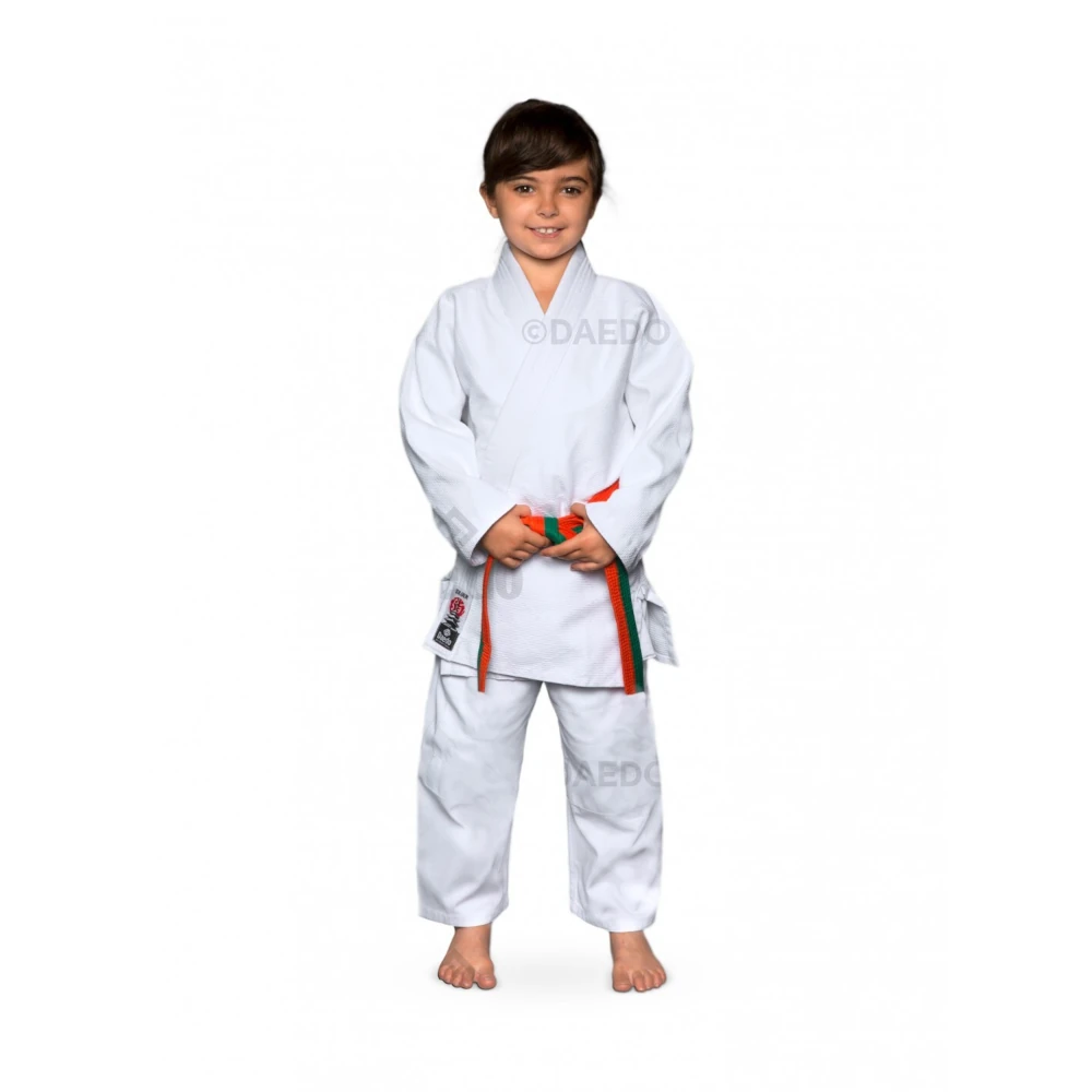 Child wearing a white martial arts uniform with a colorful belt on a white background