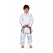 Child wearing a white martial arts uniform with a colorful belt on a white background