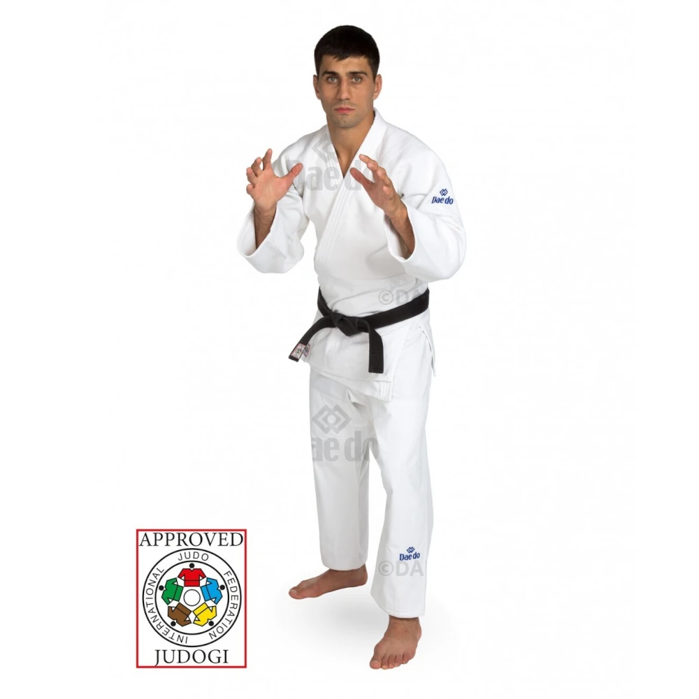 Man wearing a white judo gi with a black belt on a white background, featuring the IJF logo.