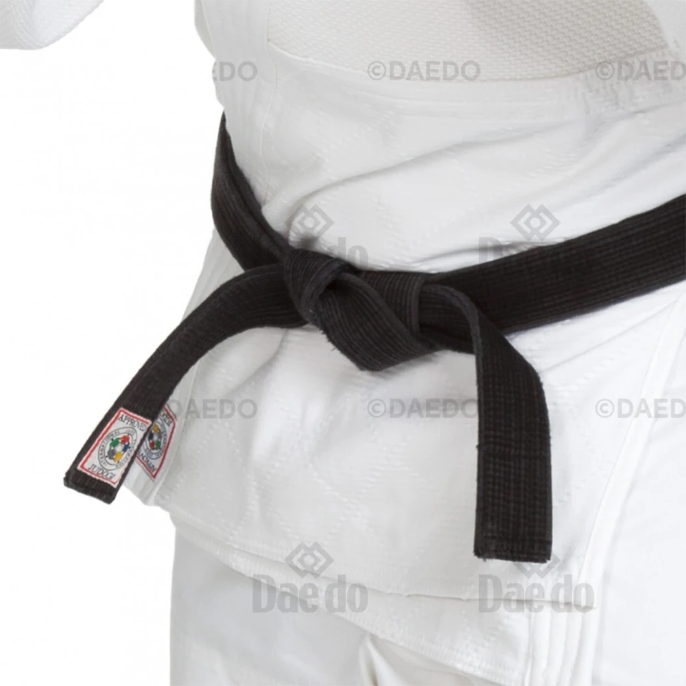 White martial arts uniform with a black belt and visible brand logo on a white background