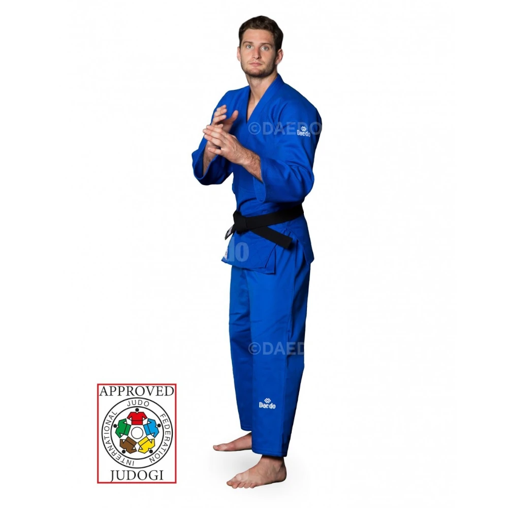Male wearing a blue judo gi with a black belt on a white background, featuring the Judogi logo.