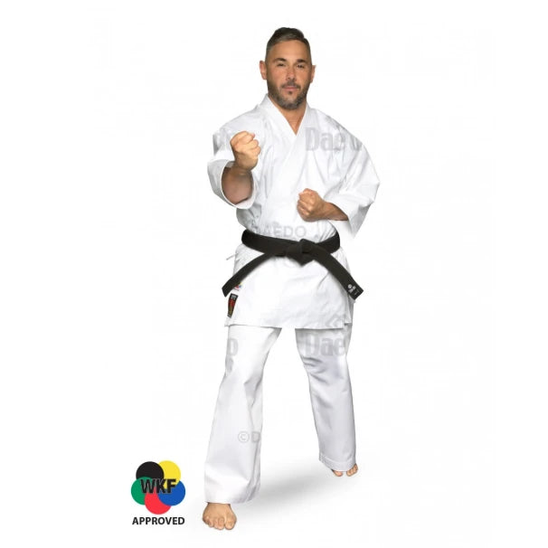 Male wearing a white martial arts uniform with a black belt on a white background