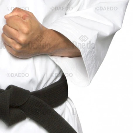 Person wearing a white martial arts uniform with a black belt on a white background