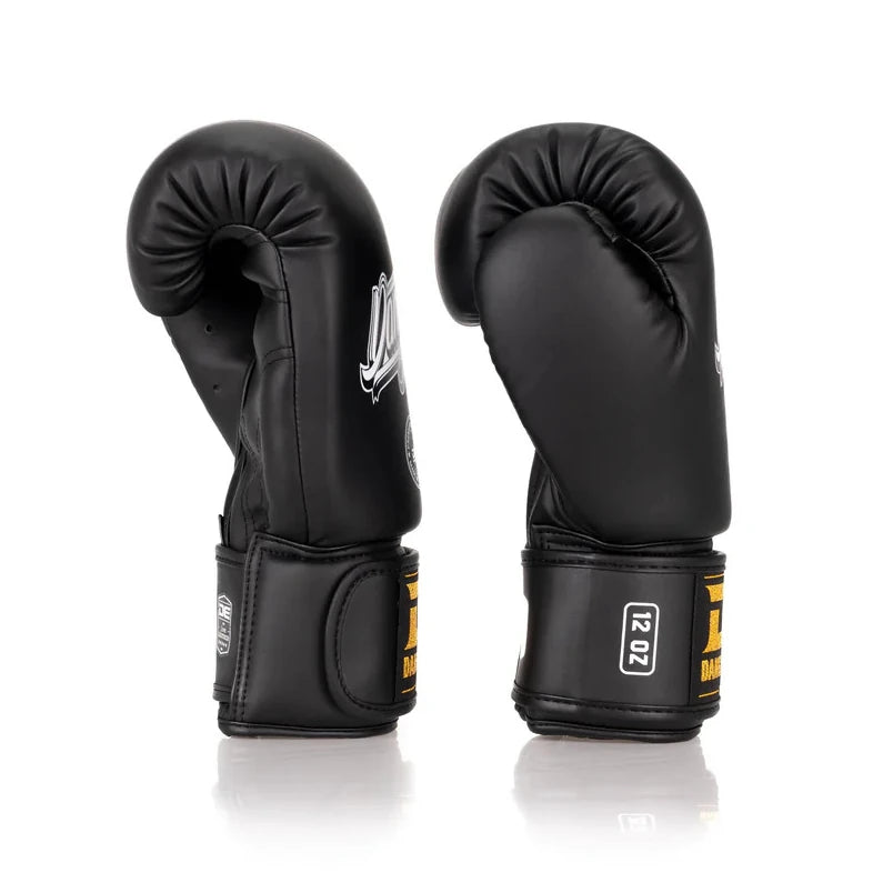 Pair of black boxing gloves with brand logo on a white background