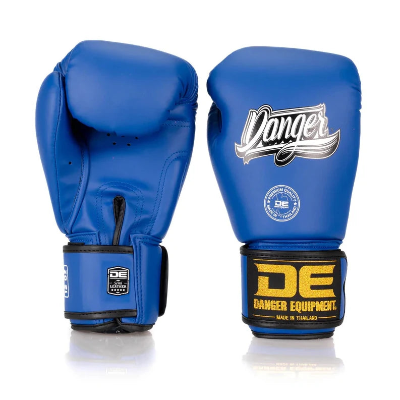 Blue boxing gloves with 'Danger Equipment' branding on a white background