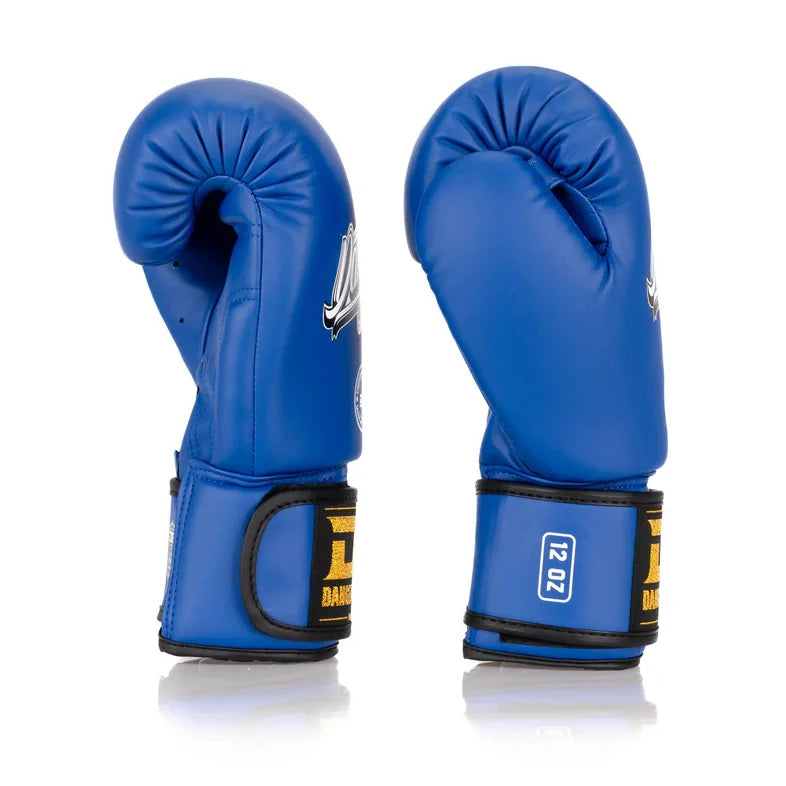 Pair of blue boxing gloves with black accents on a white background