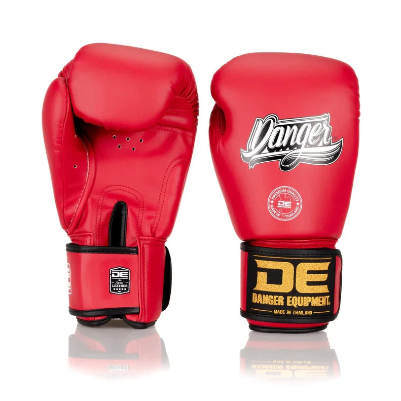 Red boxing gloves with 'Danger Equipment' branding on a white background