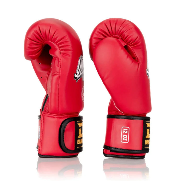 Red boxing gloves with black accents on a white background