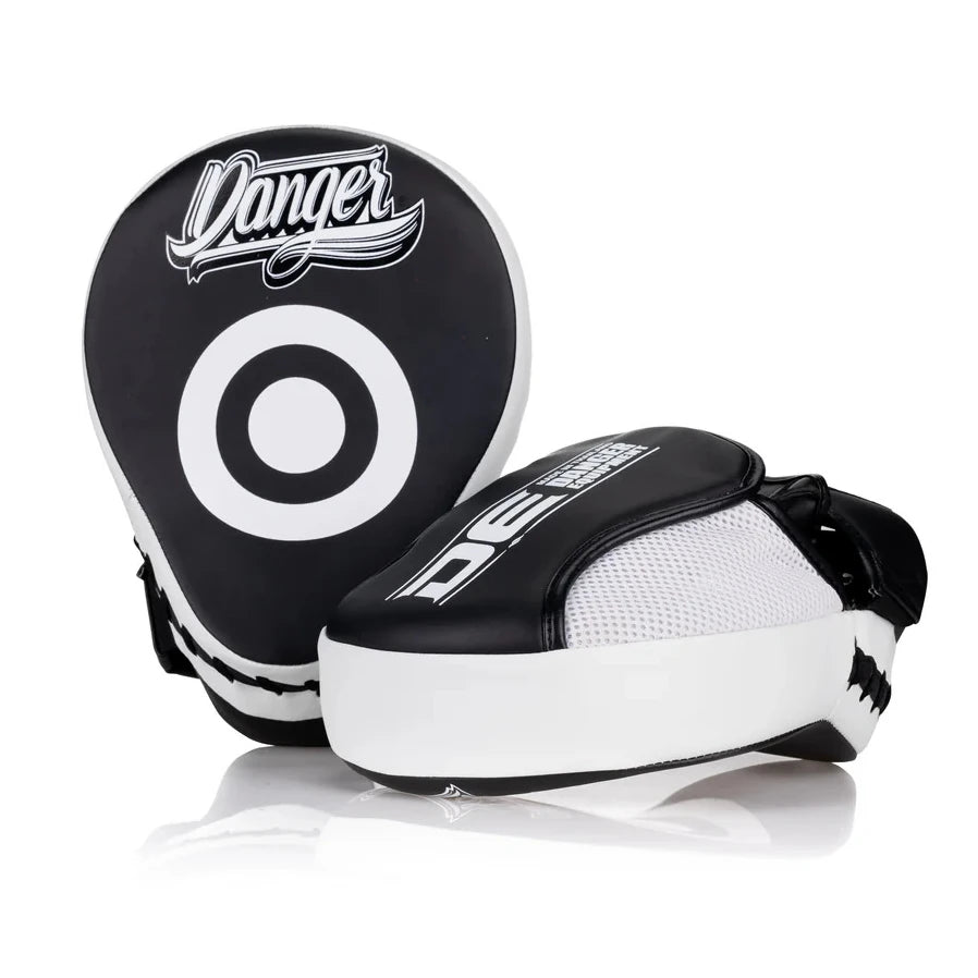 Black and white boxing focus mitts with 'Danger' branding on a white background