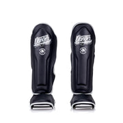 Pair of black shin guards with 'Danger' branding on a white background