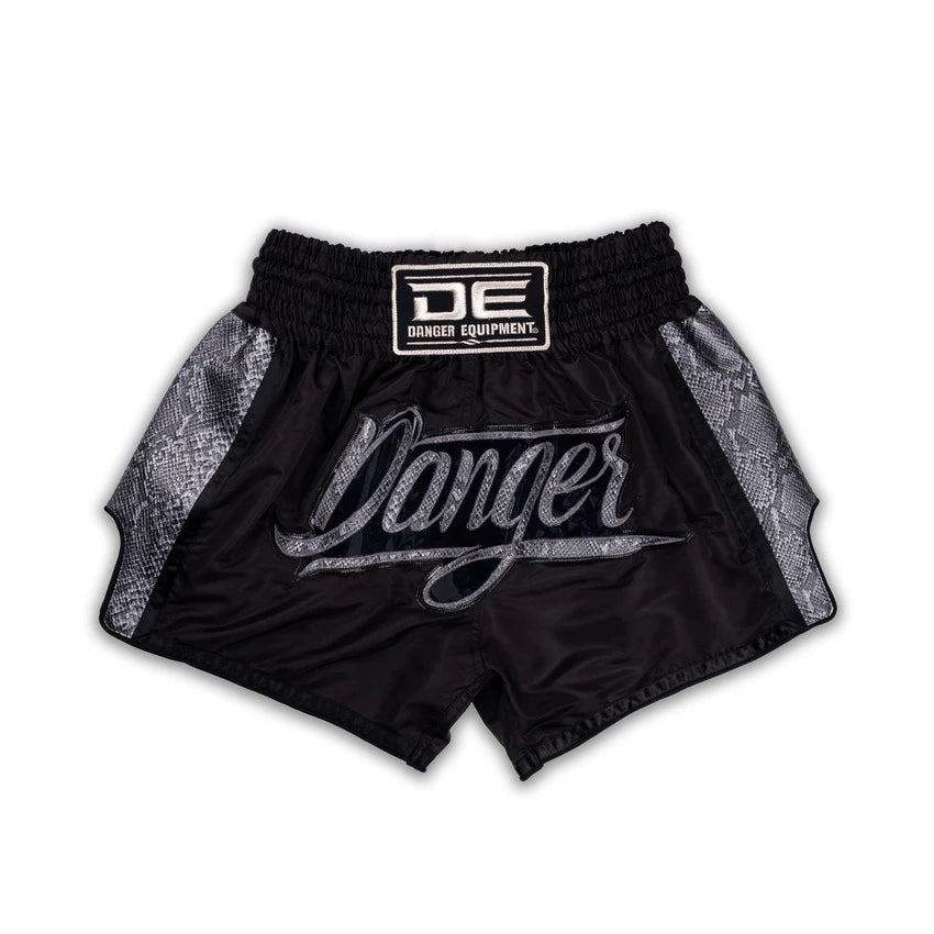 Black shorts with gray accents and 'Danger' branding on a white background