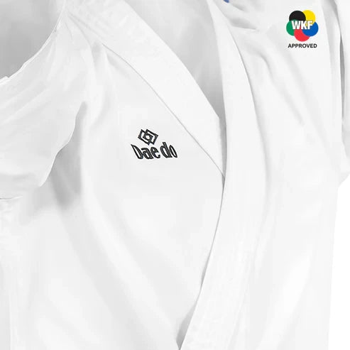White martial arts uniform with 'Dae Do' logo and WKF approval logo.