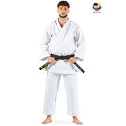 Male wearing a white martial arts uniform with a black belt on a white background, featuring WKF approval logo.