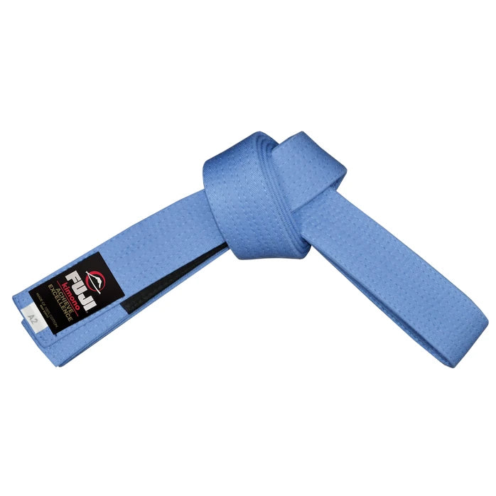 Blue martial arts belt with a Fuji brand label on a white background