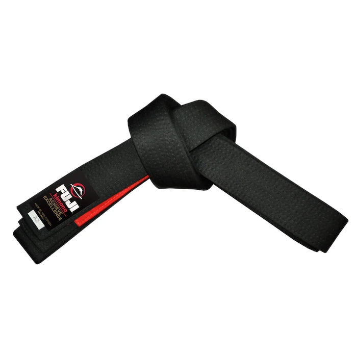 Black belt with a red stripe and Fuji brand logo on a white background