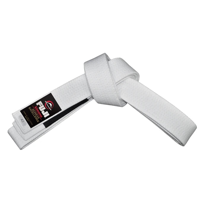 White martial arts belt with a Fuji brand label on a white background