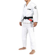 Male wearing a white Fuji BJJ gi with black belt on a white background
