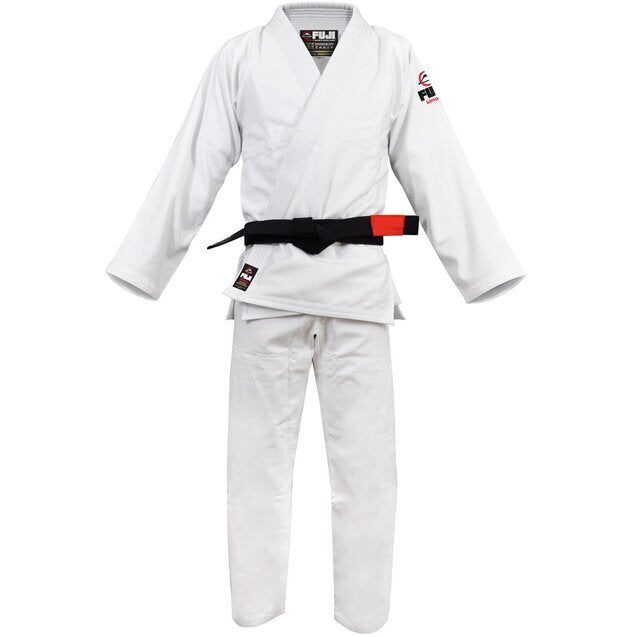 White martial arts uniform with a black belt on a white background