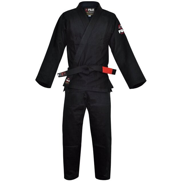 Black martial arts uniform with a red belt on a white background