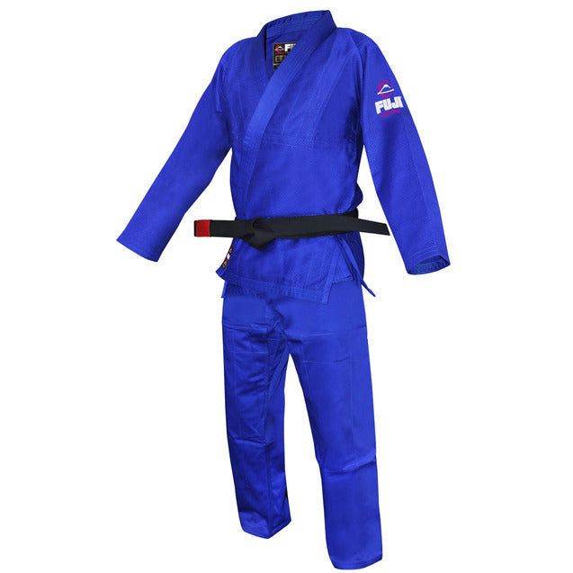 Blue martial arts uniform with a black belt on a white background