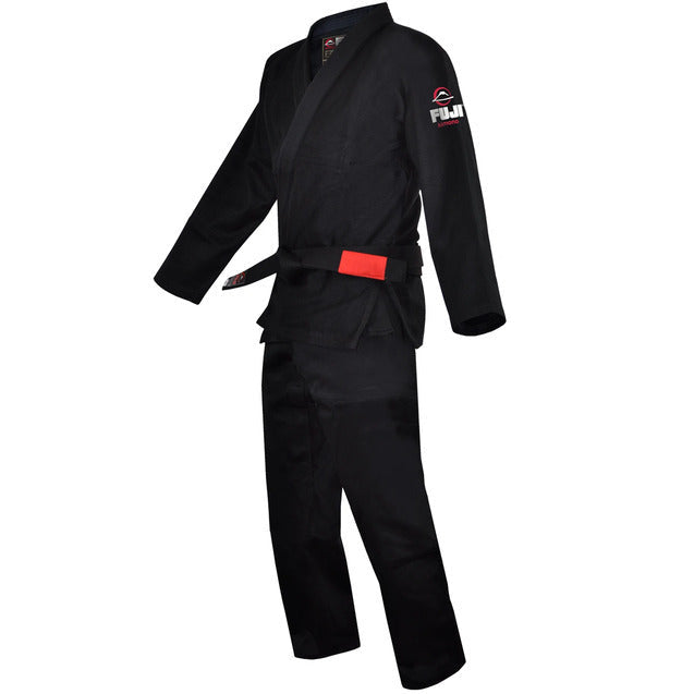 Black martial arts uniform with black belt on a white background