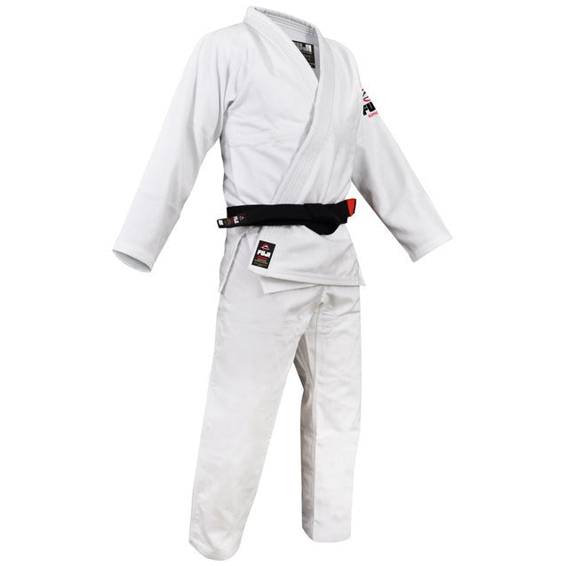 White martial arts uniform with a black belt on a white background