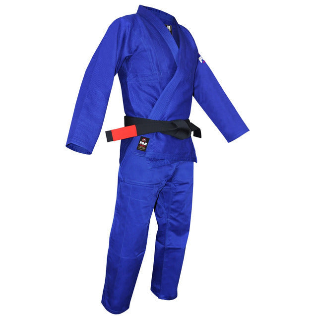 Blue martial arts uniform with a black belt on a white background