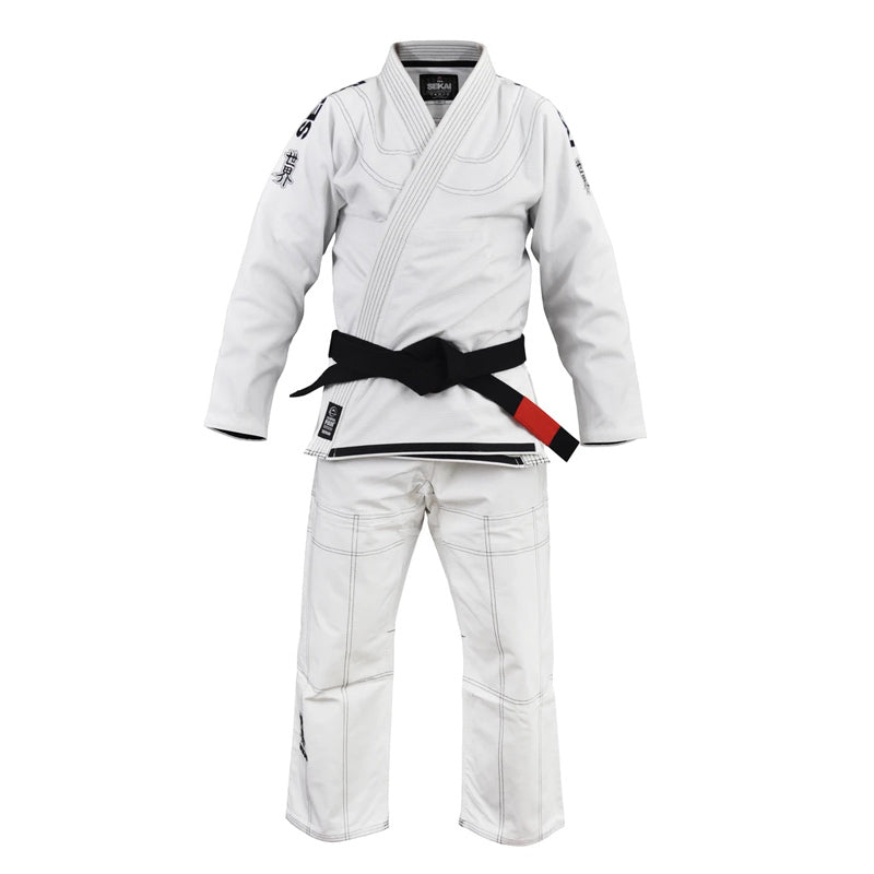 White Fuji martial arts gi with black belt on a white background