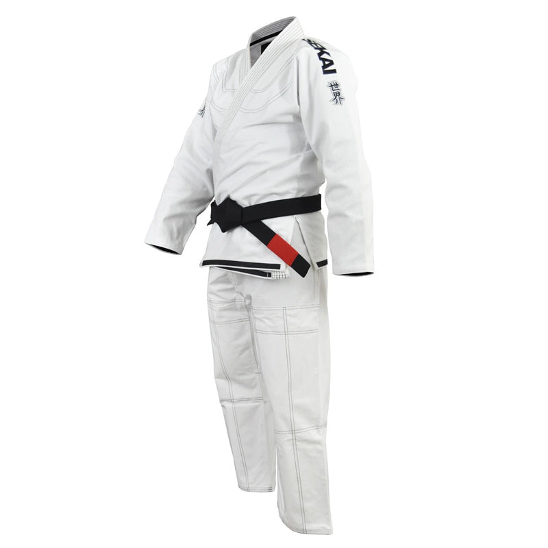 White Fuji Sekai martial arts uniform with a black belt on a white background