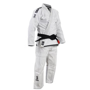 White Fuji martial arts uniform with black belt on a white background