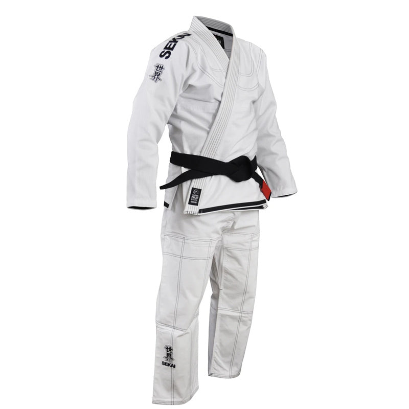 White Fuji martial arts uniform with black belt on a white background