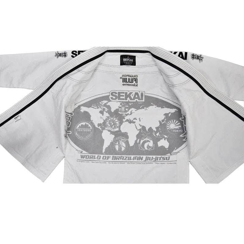 White Fuji martial arts gi with world map design and 'Sekai' branding on a white background