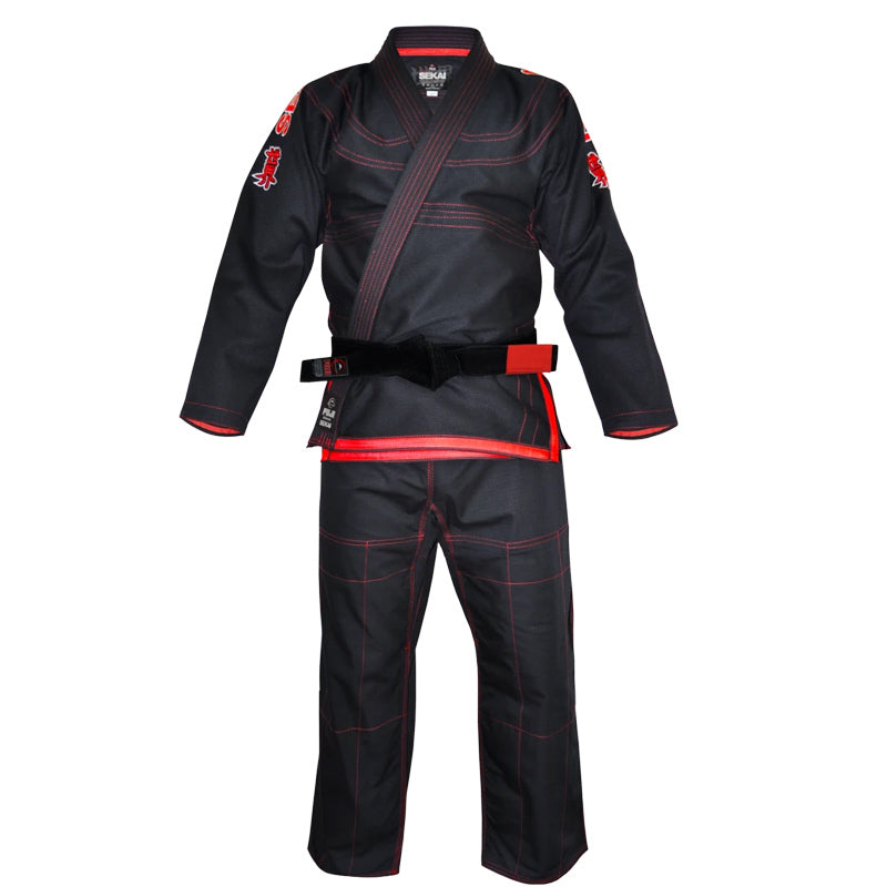 Black martial arts Fuji uniform with red accents on a white background