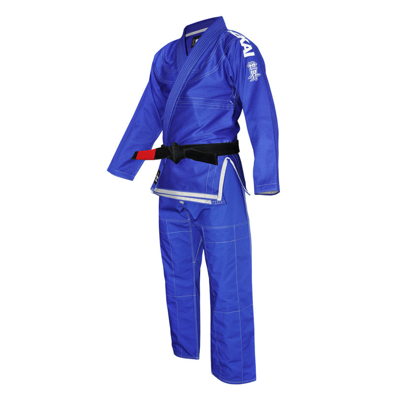 Blue Fuji martial arts uniform with a black belt on a white background