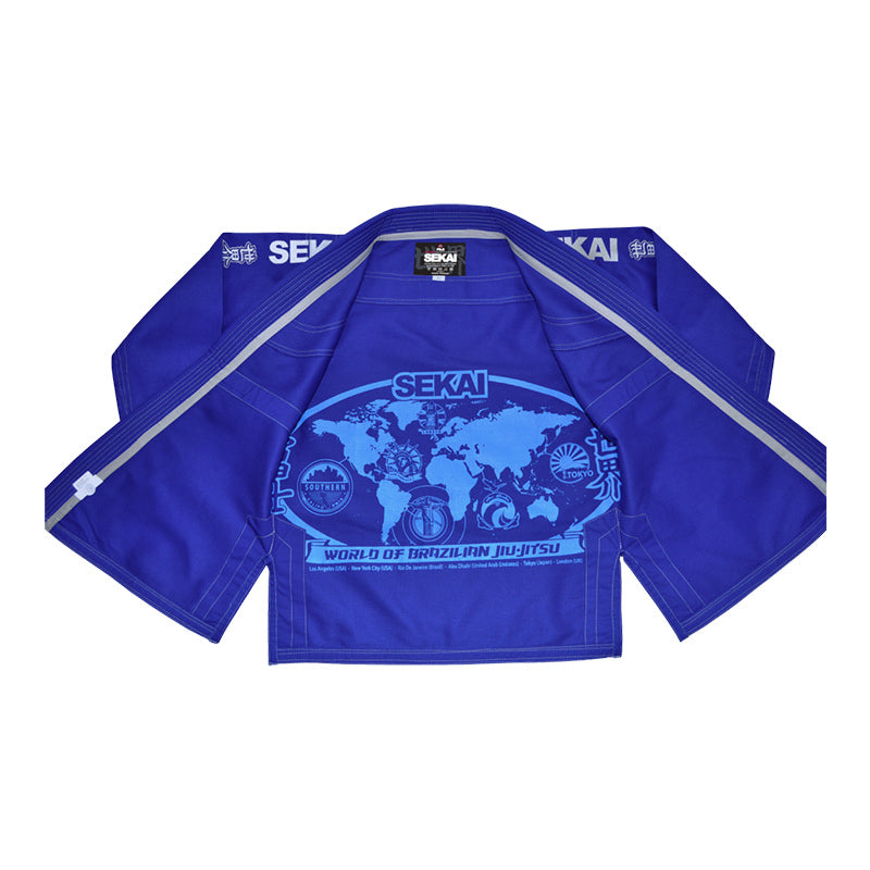 Blue martial arts gi with world map design internally on a white background