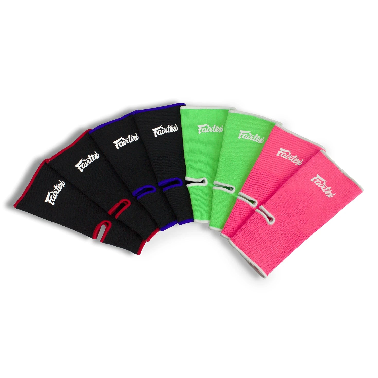 Set of five colorful ankle guards with Fairtex branding on a white background