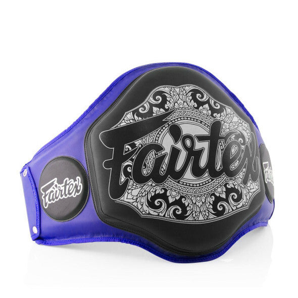 Blue and black belly pad with 'Fairtex' branding on a white background