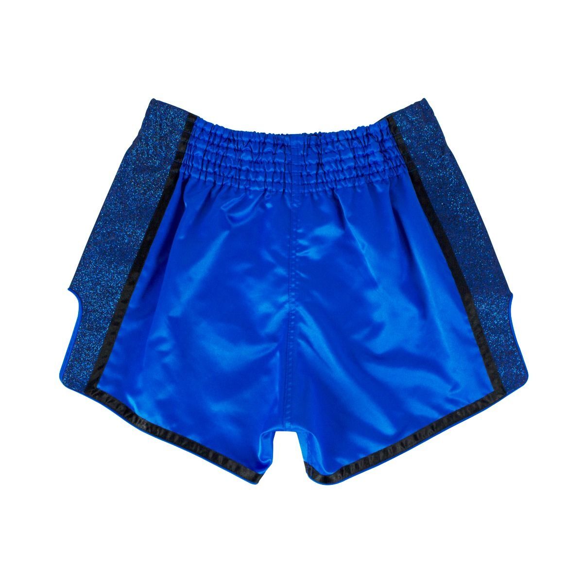 Blue Muay Thai shorts with black accents on a white background