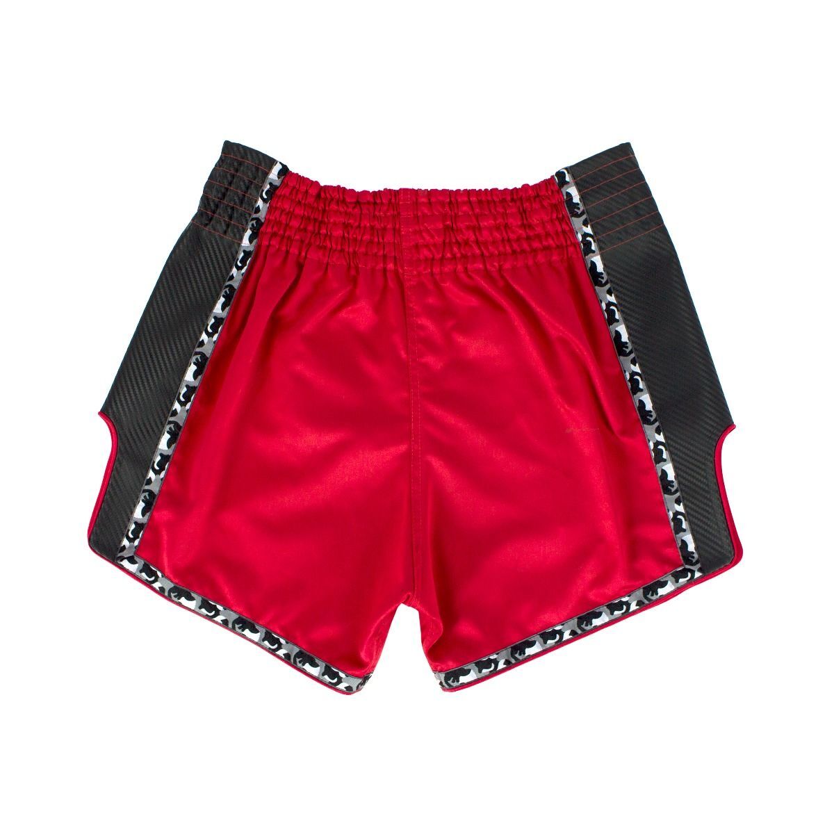 Red Muay Thai shorts with black and white trim on a white background