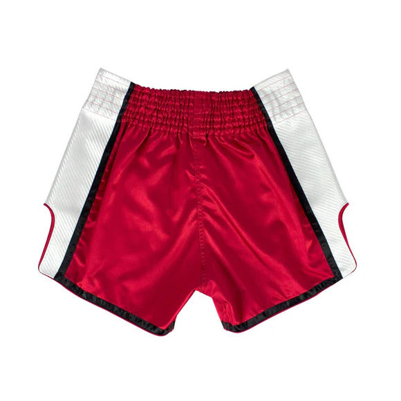 Red Muay Thai shorts with white side panels on a white background