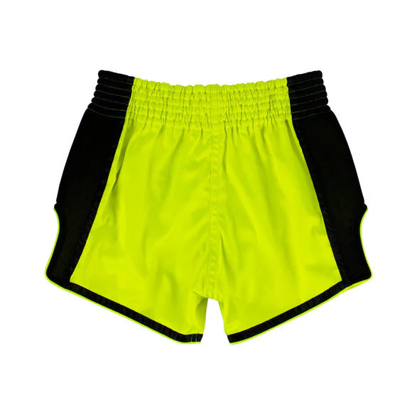 Neon green Muay Thai shorts with black accents on a white background