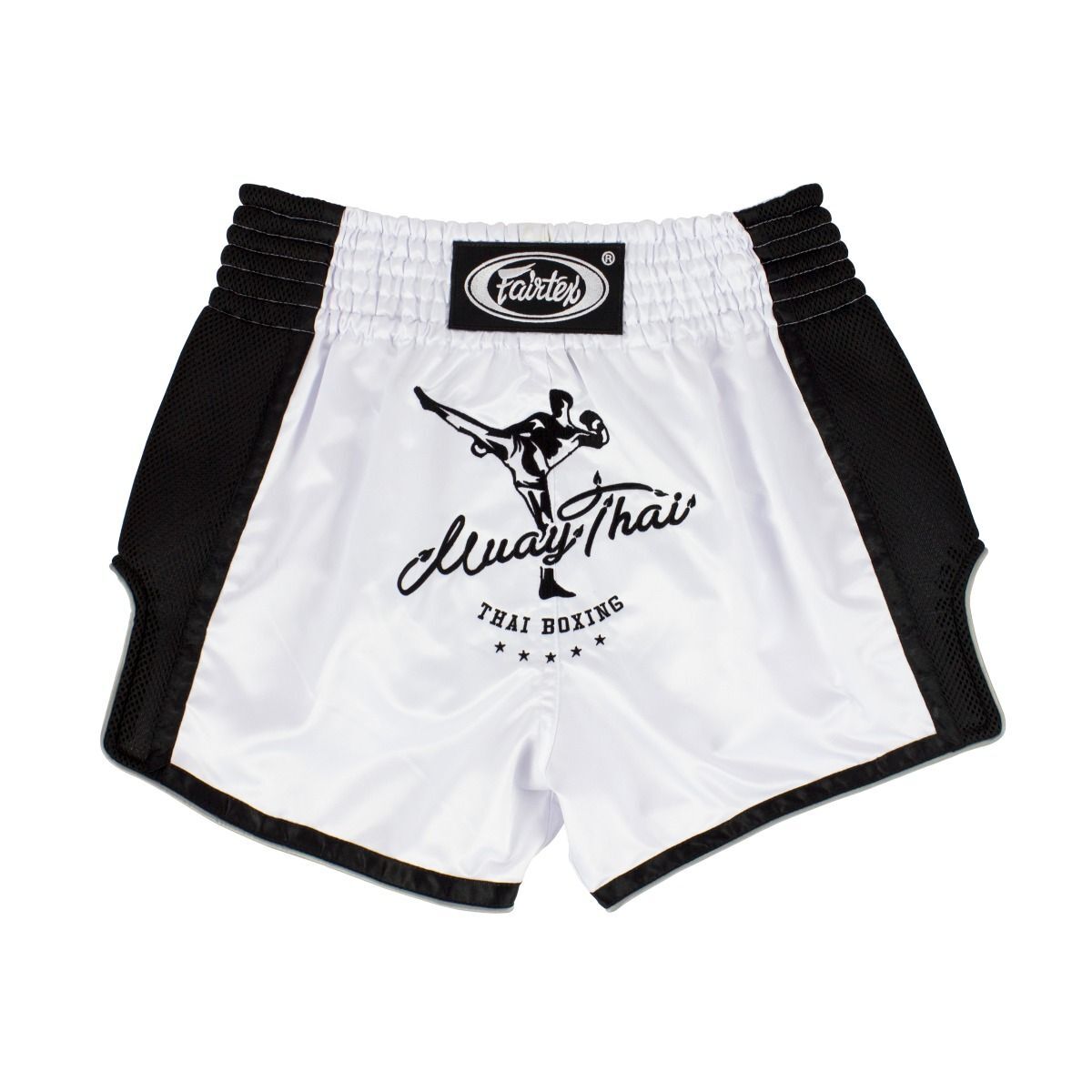 White and black Muay Thai boxing shorts with a logo on a white background