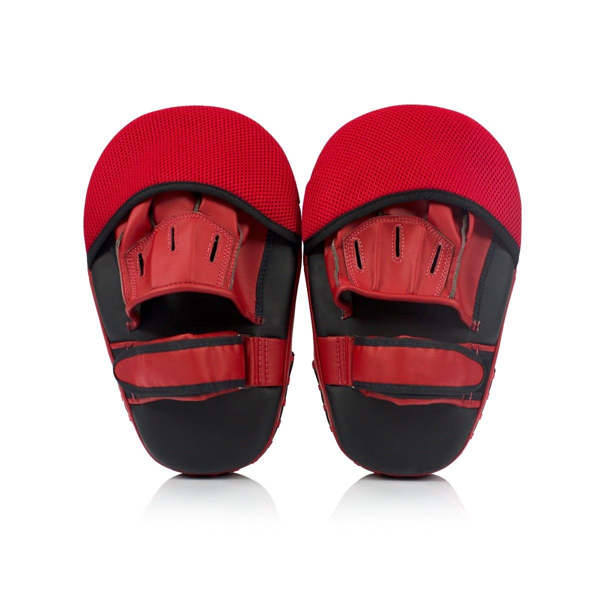 Red and black Thai pads on a white background