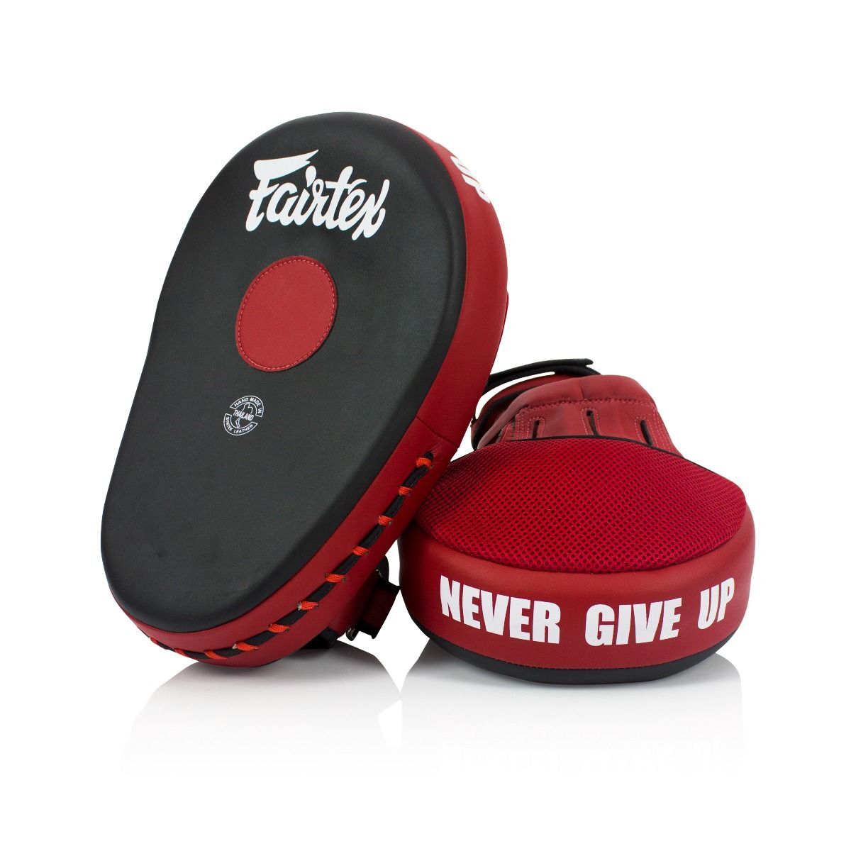 Red and black boxing focus mitts with 'Never Give Up' text and Fairtex logo on a white background