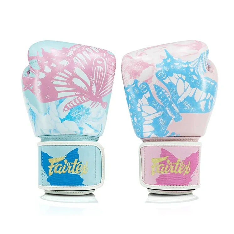 Pair of butterfly-themed boxing gloves with 'fairtex' branding on a white background