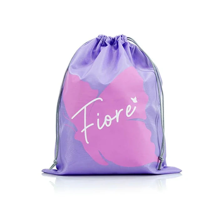 Purple drawstring bag with pink design and 'Fiore' branding on a white background