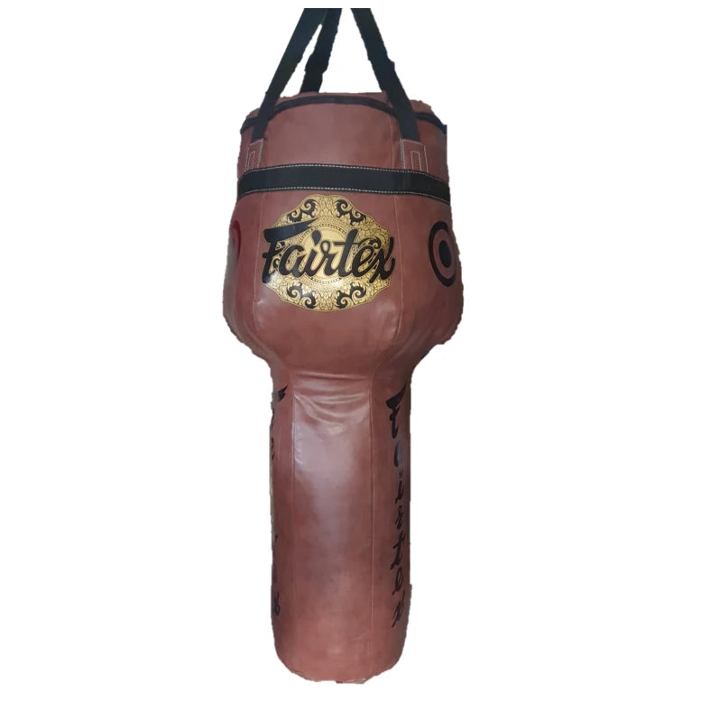 Brown punching bag with 'Fairtex' branding on a white background