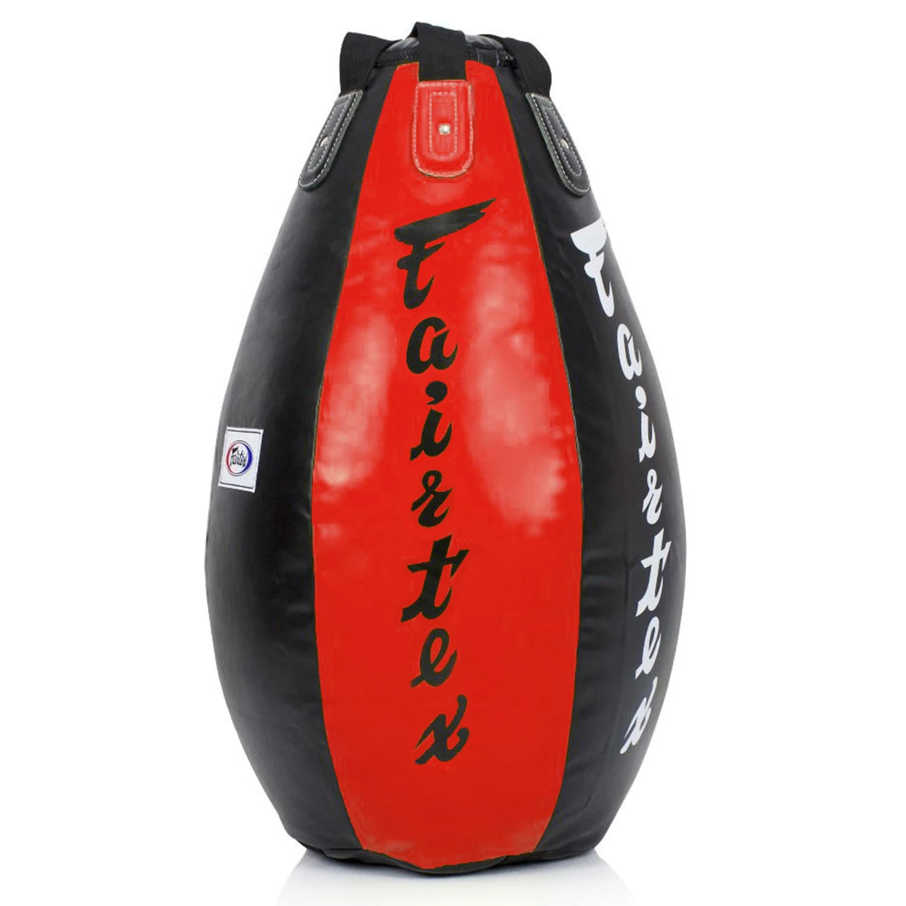 Red and black punching bag with 'Fairtex' branding on a white background