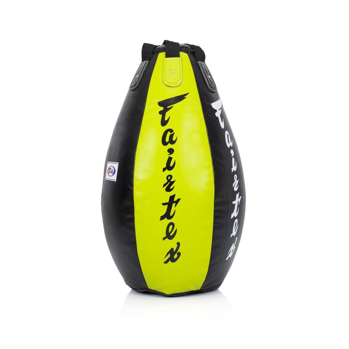 Black and green punching bag with 'Fairtex' branding on a white background